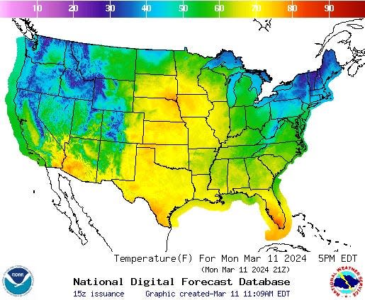 A map from the National Weather Service shows predicted temperatures across the United States for March 11, 2024.