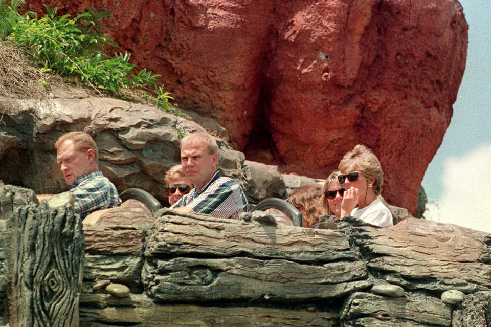 Princess Diana riding Splash Mountain at Disney's Magic Kingdom in 1993. (Martin Keene / PA Images via Getty Images file)