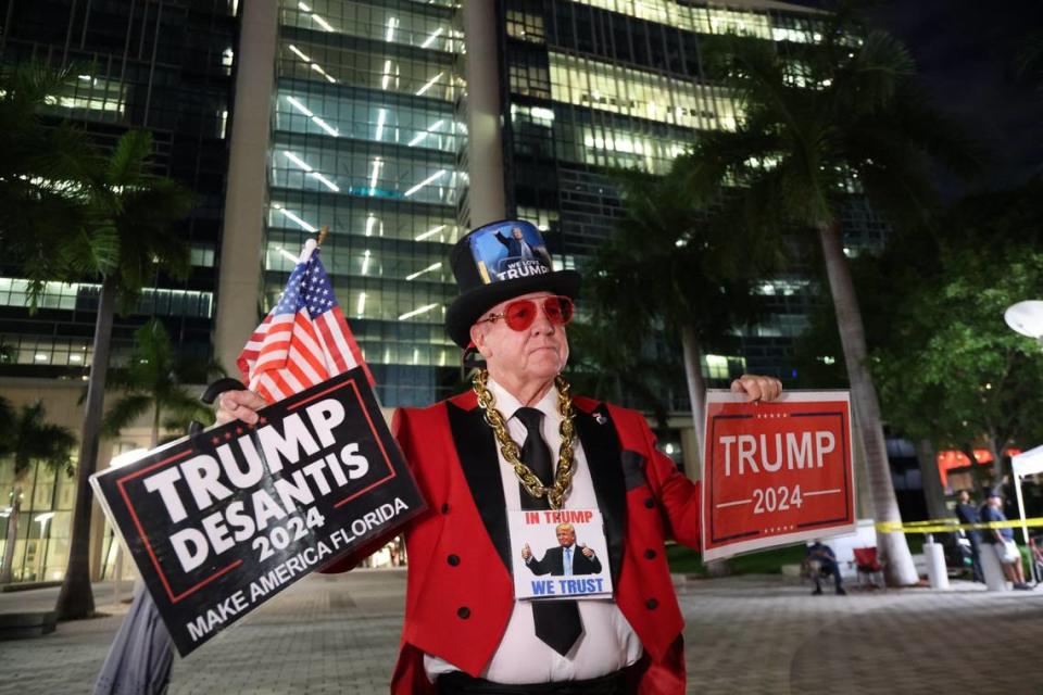 On Tuesday, June 13, 2023 Gregg Donovan, 63, of Hollywood, CA, stands in front of the federal courthouse in support of former President Donald Trump. Former President Donald Trump is facing a total of 37 counts in a federal indictment related to his handling of classified documents after he left office. He is the first former president to face federal charges and is expected to arrive at Wilkie D. Ferguson, Jr. U.S. Courthouse on Tuesday, June 13, 2023.
