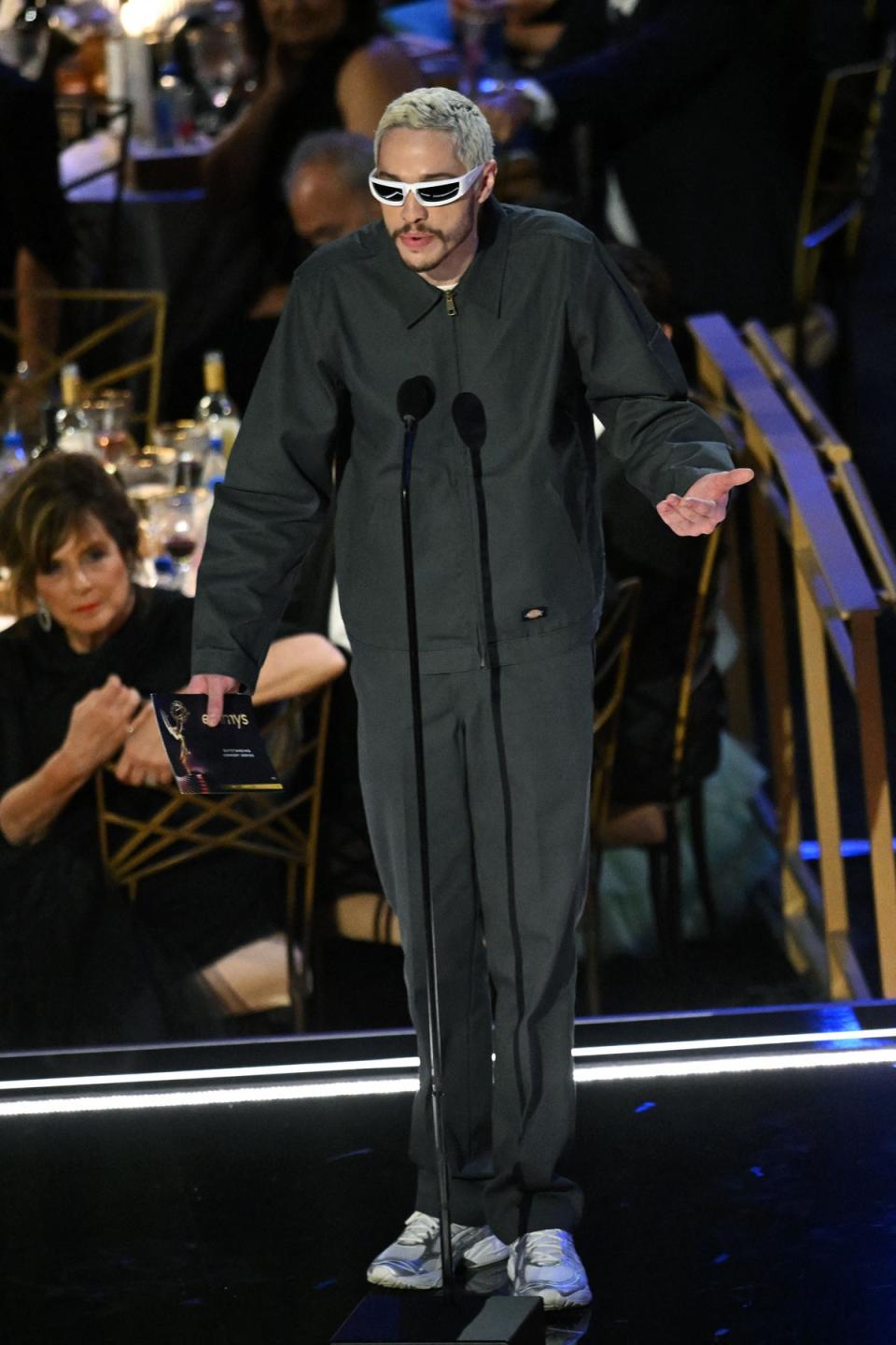 Pete Davidson appeared to recreate one of Kanye West’s outfits at Monday’s Emmys (AFP via Getty Images)