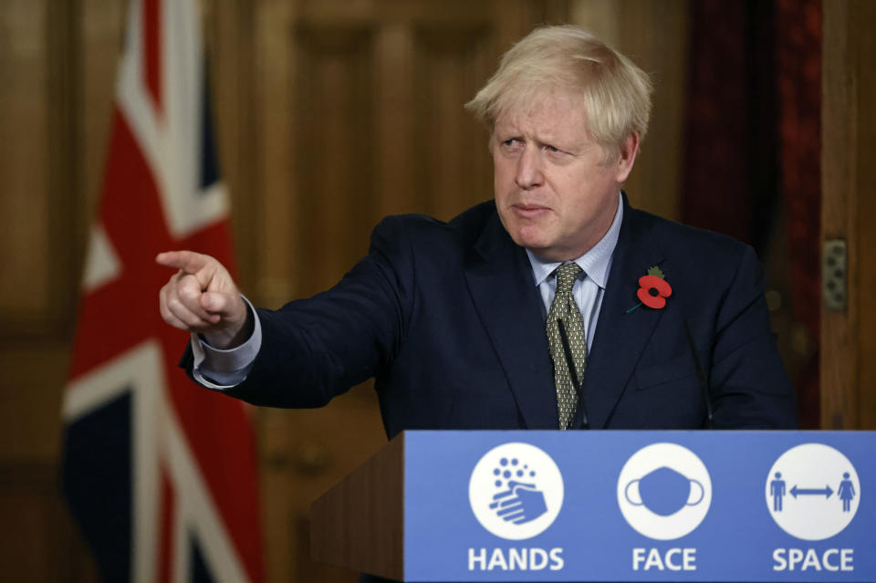 Prime Minister Boris Johnson speaks during a virtual press conference at 10 Downing Street on November 9, 2020 in London, England. (Photo by Tolga Akmen - WPA Pool/Getty Images)