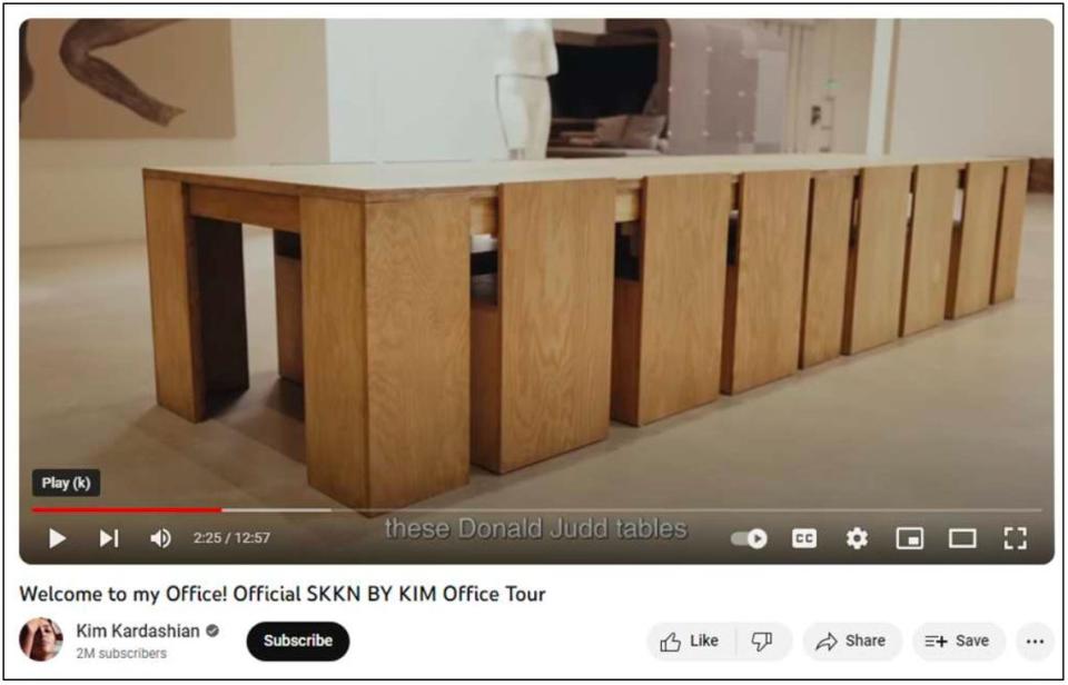 A Youtube screenshot of the table and chairs made for Kim Kardashian by Clements Design