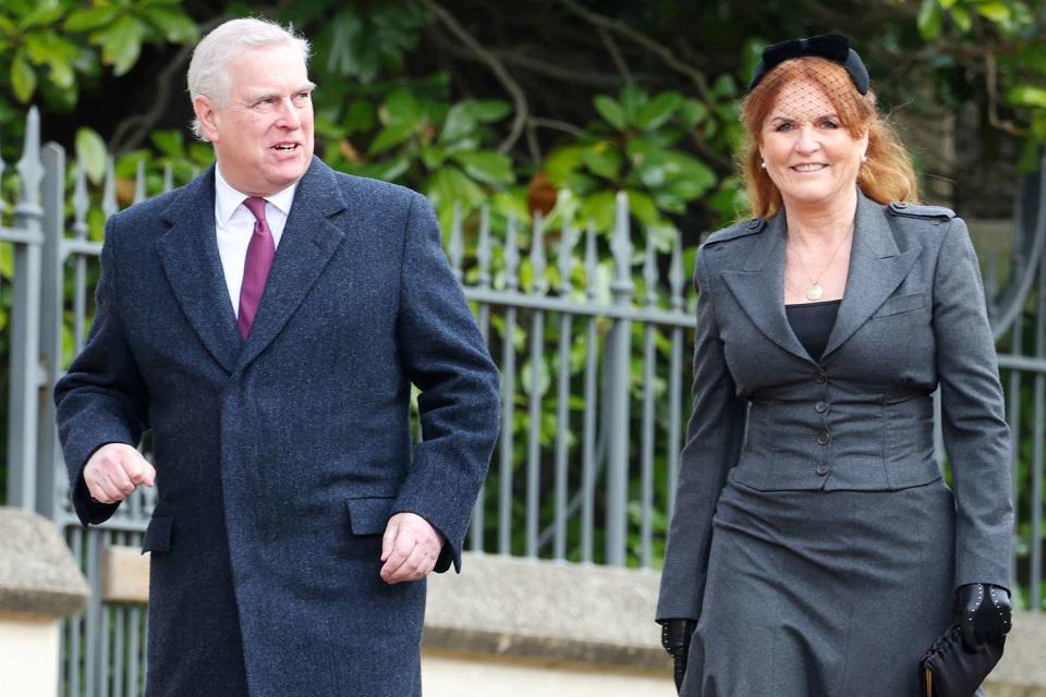<p>CHRIS JACKSON/POOL/AFP via Getty Images</p> Prince Andrew and Sarah Ferguson arrive to attend the Thanksgiving Service for King Constantine of Greece at St. George’s Chapel at Windsor Castle on February 27.