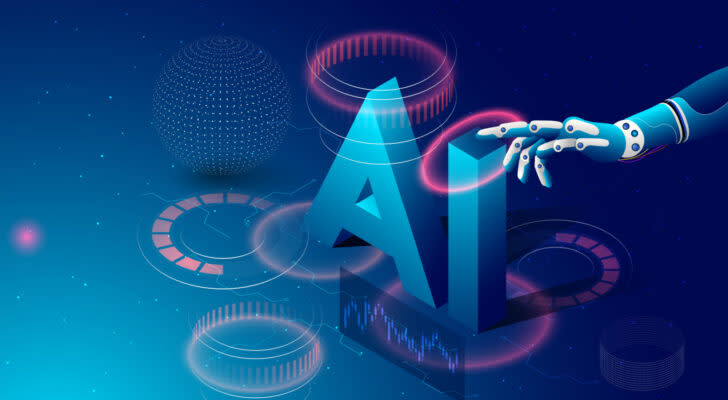 Illustration of robot hand reaching for the letters "AI" with tech symbols around it. AI tech stock predictions. best artificial intelligence stocks. tech stocks