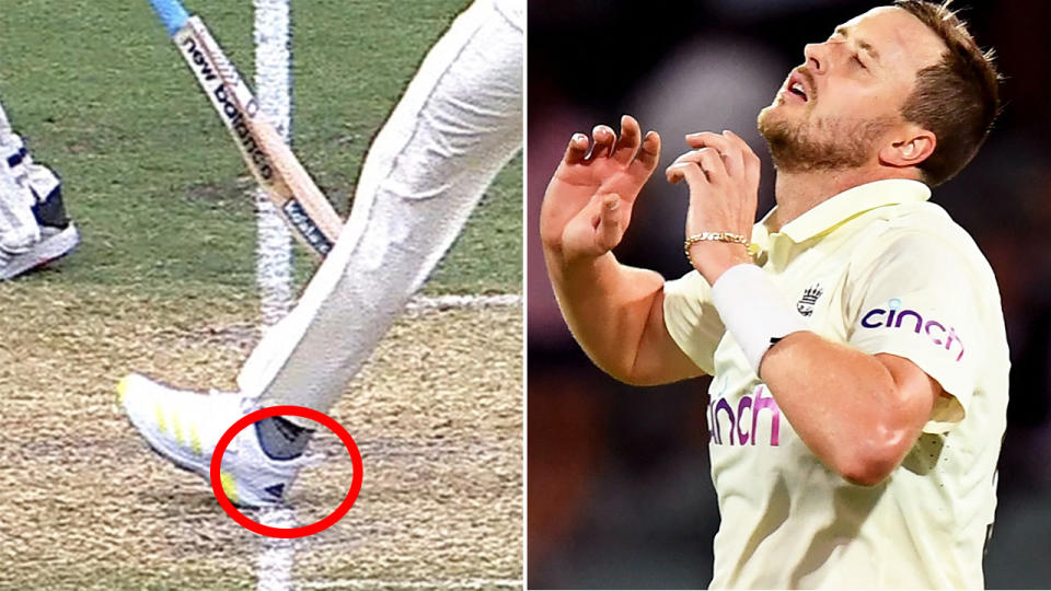 Ollie Robinson became the second England bowler this Ashes series to miss out on a wicket due to the delivery being a no ball. Pictures: Channel 7/Getty Images