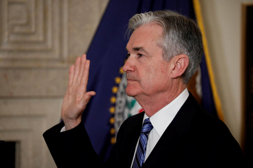 Fed Chairman Jerome Powell takes the oath of office in Washington, U.S., February 5, 2018. REUTERS/Aaron P. Bernstein