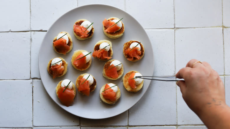 Smoked salmon bites appetizer on plate