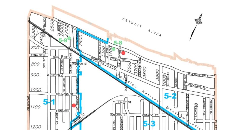 A map of Windsor's Ward 5 showing Erskine Street at Strabane Avenue.