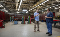 Joel Conner, Grant Manager & Supervisor of Hendry County Adult Learning, talking with Lead Welding Instructor Travis Hall on Thursday, March 14 ,2024 concerning topics of their welding program in Clewiston, Fla. (AP Photo/Chris Tilley)