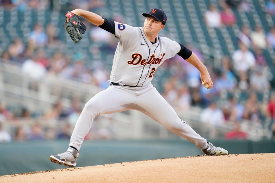 Detroit Tigers starting pitcher Tarik Skubal delivers against the Minnesota Twins during the bottom of the first inning of a baseball game in Minneapolis, Monday, Aug. 1, 2022.