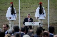 Olympics - Lighting Ceremony of the Olympic Flame Pyeongchang 2018 - Ancient Olympia, Olympia, Greece - October 24, 2017 President of the International Olympic Committee Thomas Bach makes his address during the Olympic flame lighting ceremony for the Pyeongchang 2018 Winter Olympics REUTERS/Costas Baltas