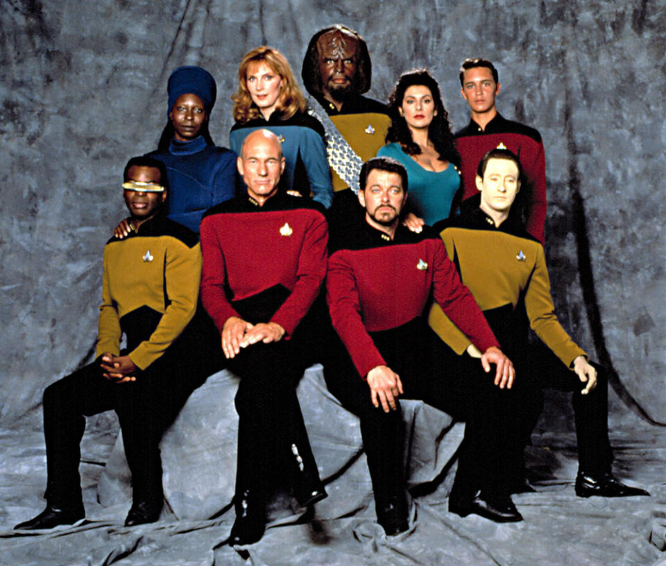 Star Trek: The Next Generation, Year 4, 1990-1991. Front row, from left: LeVar Burton, Patrick Stewart, Jonathan Frakes, Brent Spiner; back row, from left: Whoopi Goldberg, Gates McFadden, Michael Dorn, Marina Sirtis, Wil Wheaton. - Credit: Courtesy Everett Collection