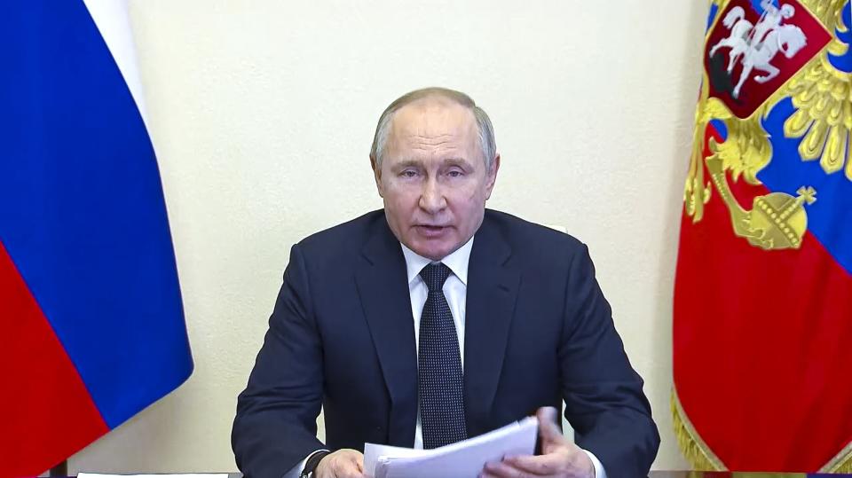 FILE - In this photo taken from video released by the Russian Presidential Press Service, Russian President Vladimir Putin speaks via videoconference at the Novo-Ogaryovo residence outside Moscow, Russia, Wednesday, March 16, 2022. (Russian Presidential Press Service via AP, File)