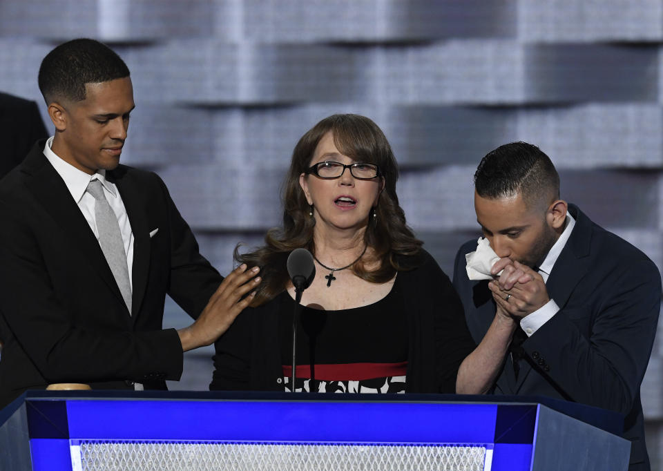 Brandon Wolf appears onstage at the&nbsp;the Democratic National Convention alongside&nbsp;Christopher Leinonen's mother and fellow survivor&nbsp;Jose Arriagada. (Photo: Bloomberg via Getty Images)