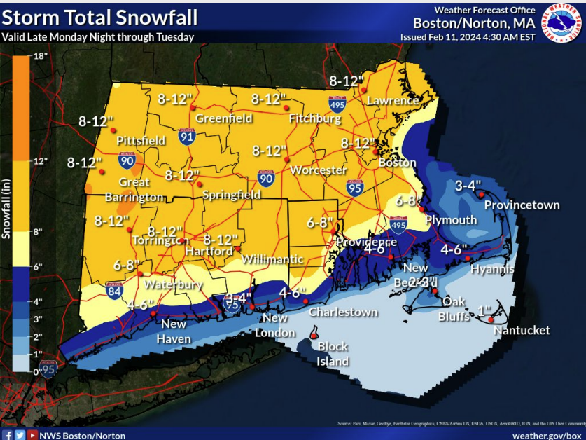 The National Weather Service has placed most of Southern New England under a Winter Storm Watch from late Monday to late Tuesday, Feb. 12 to 13. About 4 to 8 inches of snow is expected on the SouthCoast.