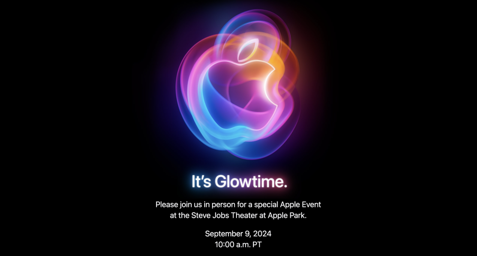 Invitación al evento del iPhone de Apple 2024. Presenta un logotipo de Apple brillante con texto que dice 