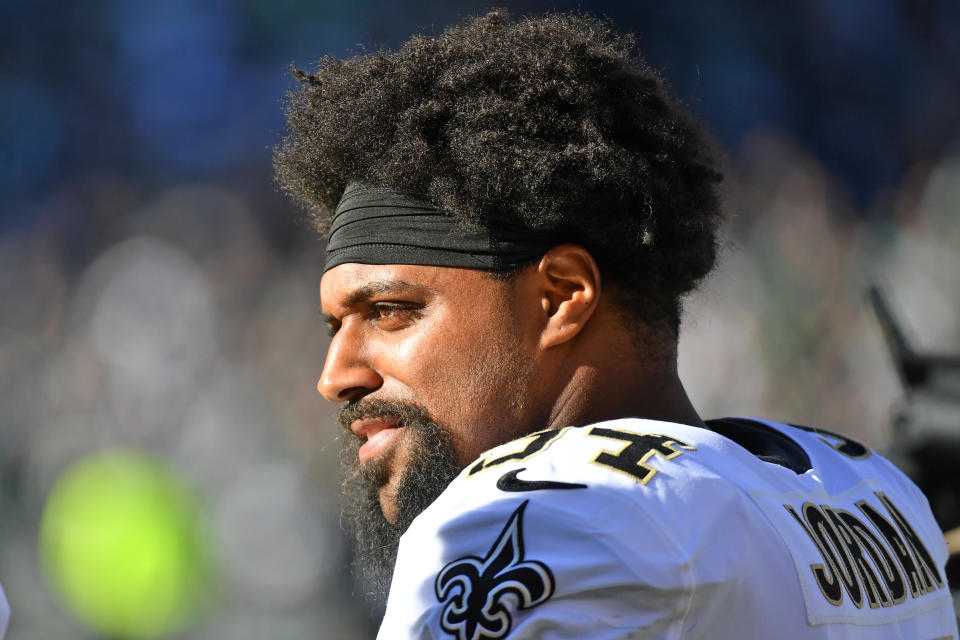 January 1, 2023;  Philadelphia, Pennsylvania, USA;  New Orleans Saints defensive end Cameron Jordan (94) stands on the sidelines against the Philadelphia Eagles at Lincoln Financial Field.  Mandatory credit: Eric Hartline-USA TODAY Sports