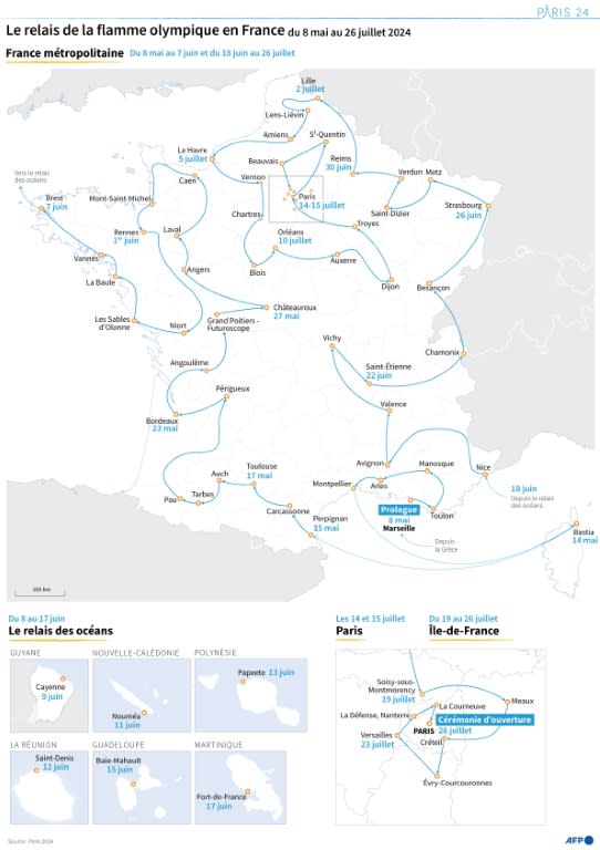 Carte retraçant l'itinéraire du relais de la flamme olympique, du 8 mai au 26 juillet 2024 (Sophie RAMIS)