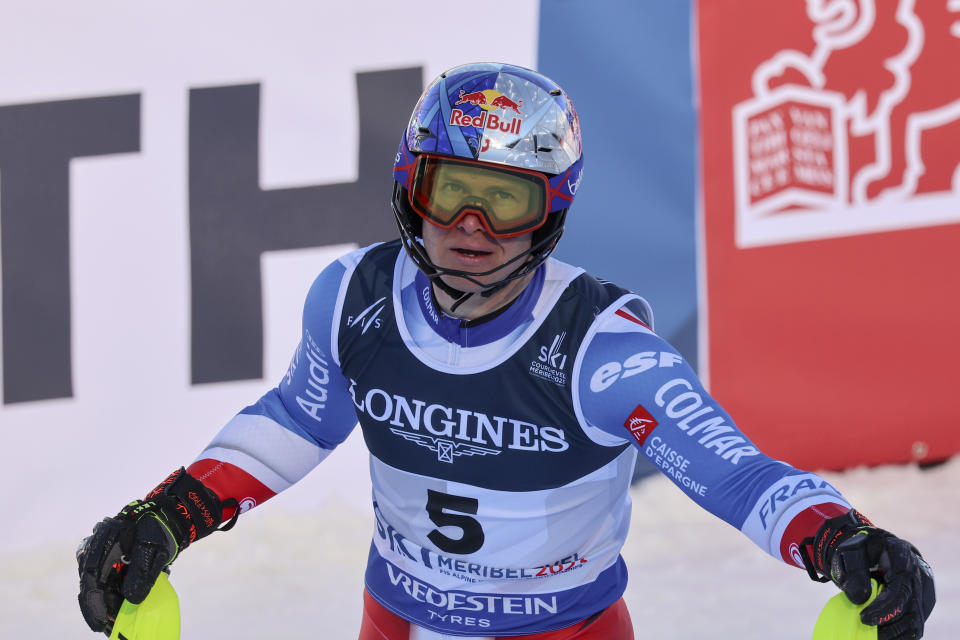 France's Alexis Pinturault checks his time after completing the slalom portion of an alpine ski, men's World Championship combined race, in Courchevel, France, Tuesday, Feb. 7, 2023. (AP Photo/Marco Trovati)