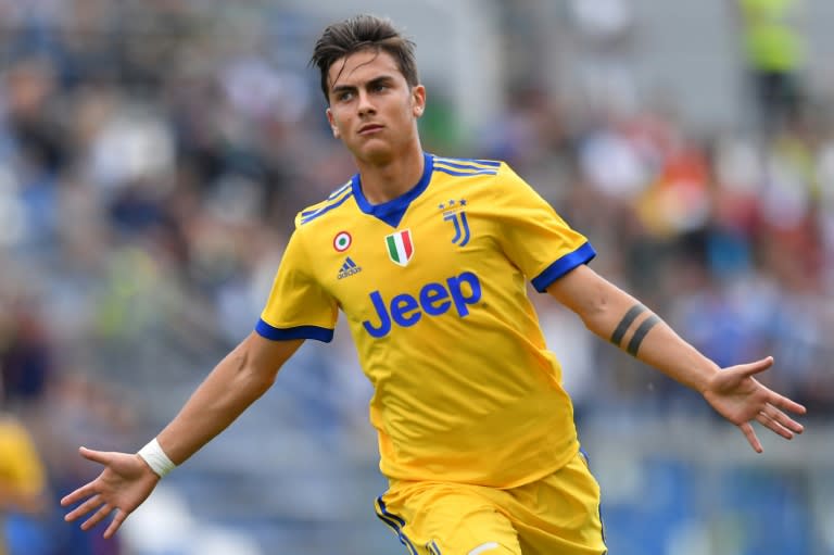 Juventus' forward Paulo Dybala celebrates after scoring a goal against Sassuolo at the Mapei Stadium in Reggio Emilia on September 17, 2017