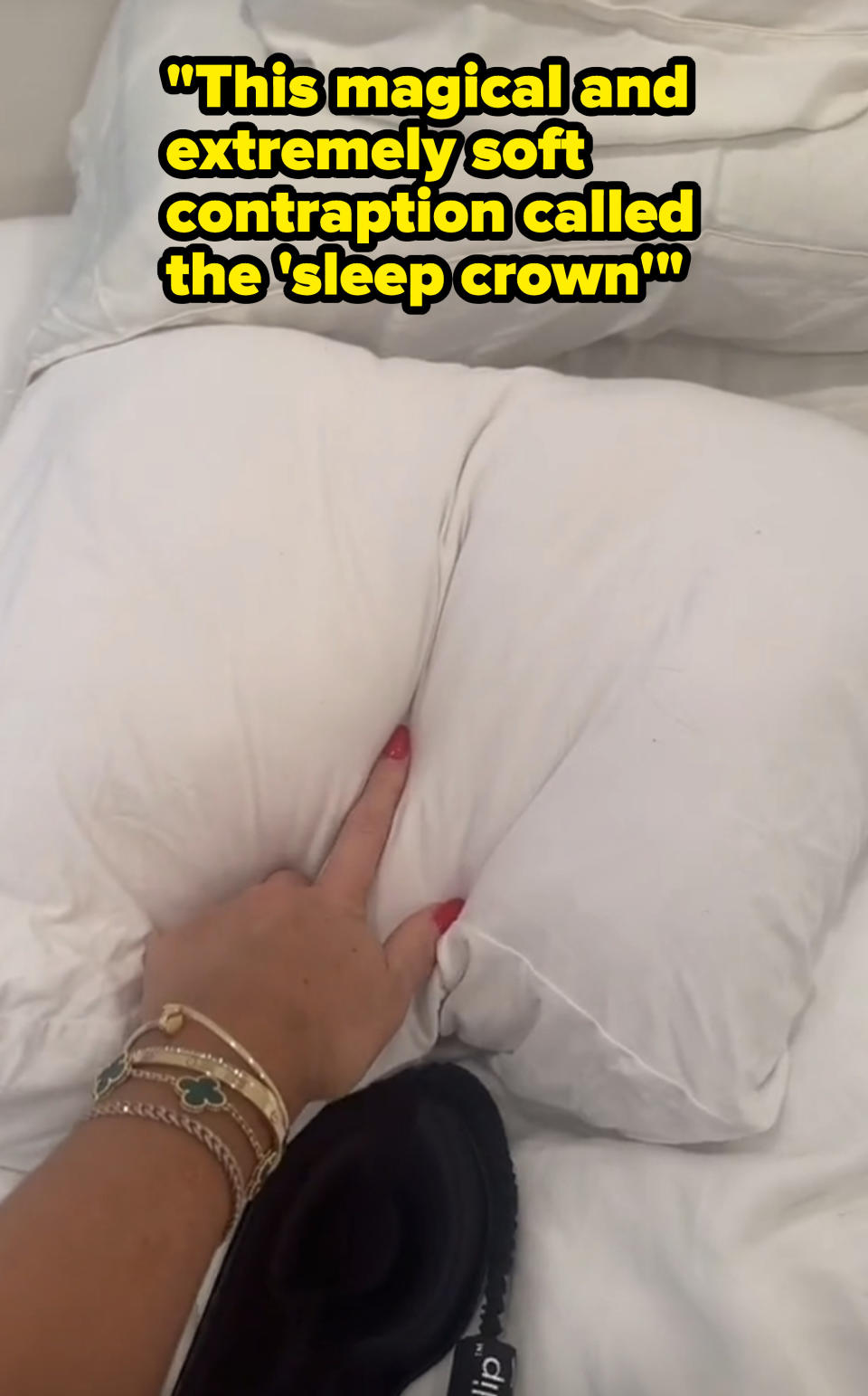 hand pointing to soft pillow with text that says "this magical and extremely soft contraption called the 'sleep crown'"