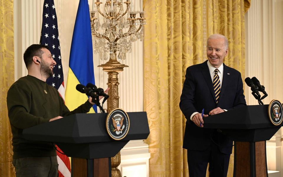 US President Joe Biden (L) speaks during a joint press conference with Ukrainian President Volodymyr Zelensky