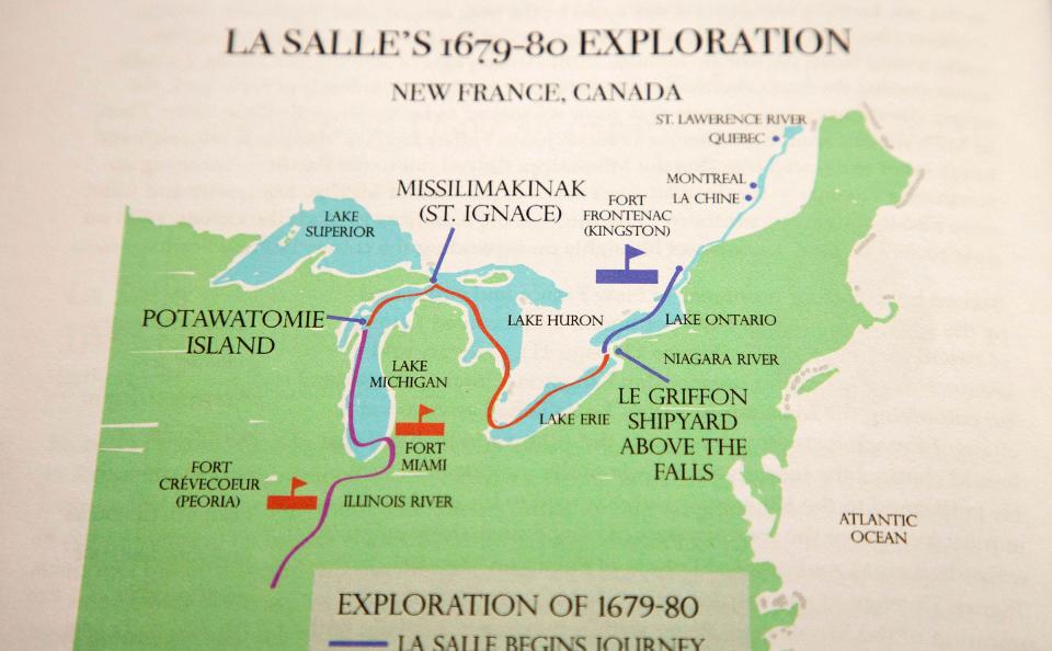 A map shows the voyage of the Griffon from a book that Steve Libert co-authored with his wife, Kathie Libert. The Liberts have spent decades trying to solve the mystery of the Griffon's disappearance in 1679. Thought to be about 70 feet long, it was built in the wilderness above Niagara Falls just six months before it sank. Steve plans to speak about their quest on May 12 at the Rochester Hills Public Library.