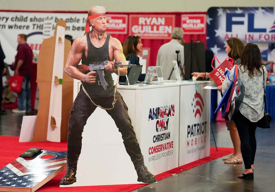 A Donald Trump cutout stands at Patriot Mobile display at the Republican Party of Texas convention at George R. Brown Convention Center on Thursday, June 16, 2022, in Houston.