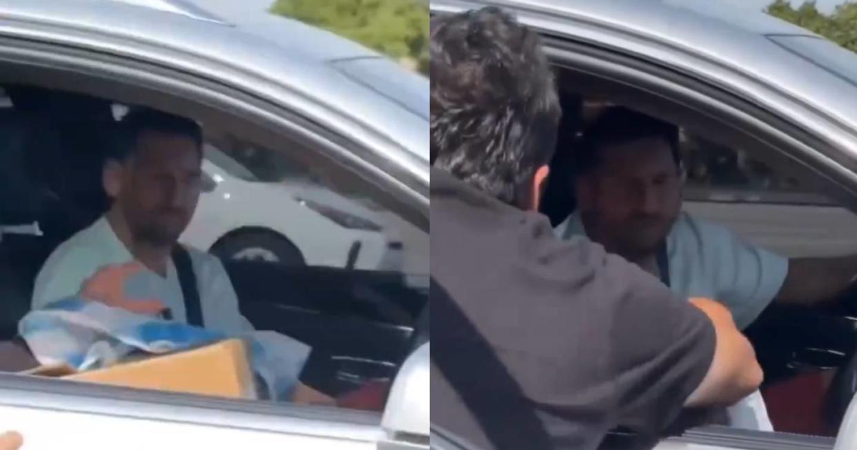 Lionel Messi firmó el jersey de un fan mientras estaba manejando. Foto: Captura de video X vía @edgarddeportes