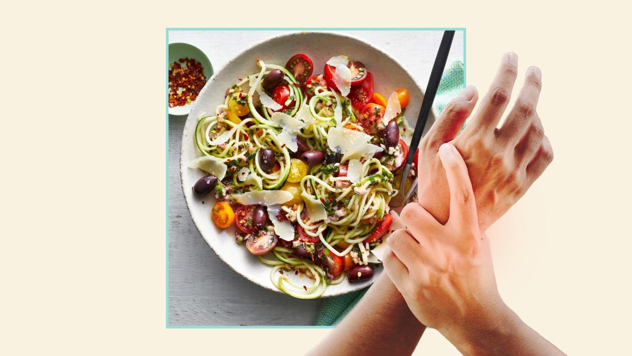 Zucchini Noodle "Pasta" Salad with a woman gripping her wrist in pain