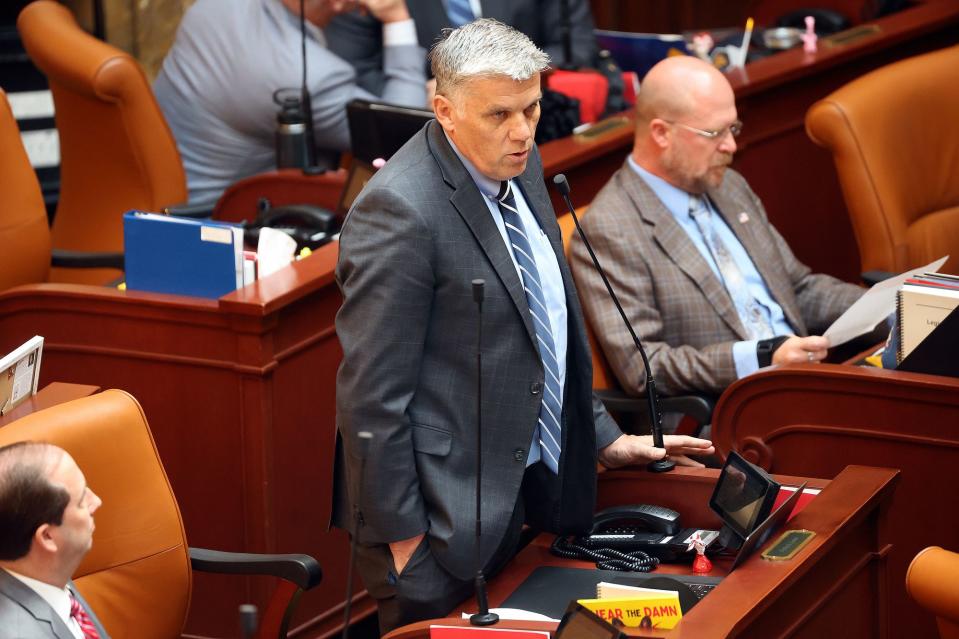 Rep. Phil Lyman, R-Blanding, proposes an amendment to shorten the duration of HJR101 Joint Resolution Extending Emergency Powers for Flood Mitigation and Infrastructure Rehabilitation during the first special legislative session of 2023 in the House chamber at the Capitol in Salt Lake City on Wednesday, May 17, 2023. | Kristin Murphy, Deseret News