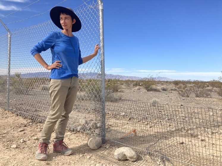 Shannon Salter, 37, stands next to a barbed-wire fence demarcating the site of the Yellow Pine solar project.