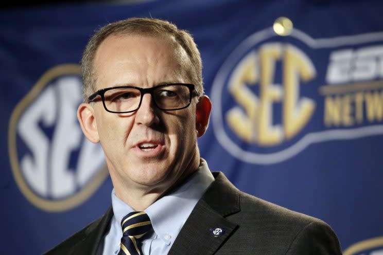 Greg Sankey will stay as head of the NCAA infractions panel handling UNC’s case. (AP)