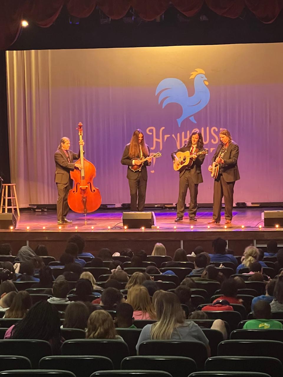 The Henhouse Prowlers, a Chicago-based bluegrass band, take the stage at the Don Gibson Theater Tuesday. The band conducted an educational program for fourth grade students.