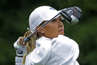 Danielle Kang follows through on her drive on the fourth hole during the third and final round of the LPGA Drive On Championship golf tournament Sunday, Aug. 2, 2020, at Inverness Golf Club in Toledo, Ohio. (AP Photo/Gene J. Puskar)