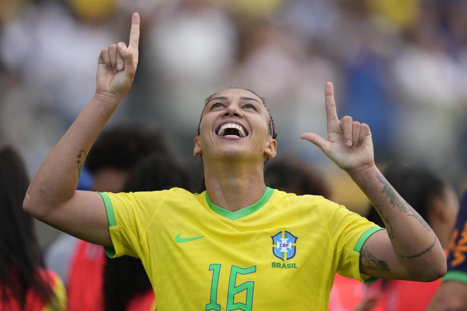 Brazil's Bia Zeneratto celebrates after scoring her side's third goal against Japan during a women's friendly soccer match at the Neo Quimica Arena in Sao Paulo, Brazil, Thursday, Nov. 30, 2023. (AP Photo/Andre Penner)