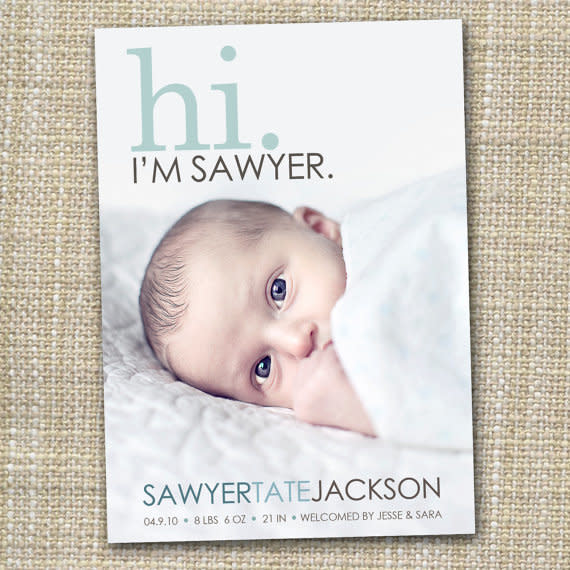 (Etsy/<a href="http://www.etsy.com/listing/81026870/custom-baby-photo-birth-announcement?ref=v1_other_1">westwillow</a>, $15)