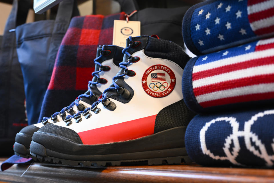 Team USA Beijing winter Olympics footwear designed by Ralph Lauren is displayed Wednesday, Jan. 19, 2022, in New York. (Photo by Evan Agostini/Invision/AP)