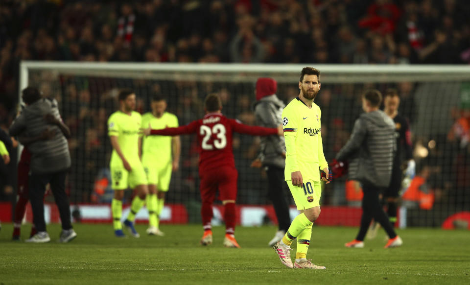 Barcelona's Lionel Messi leaves the playing field after losing the Champions League semifinal, second leg, soccer match against Liverpool at the Anfield stadium in Liverpool, England, Tuesday, May 7, 2019. (AP Photo/Dave Thompson)