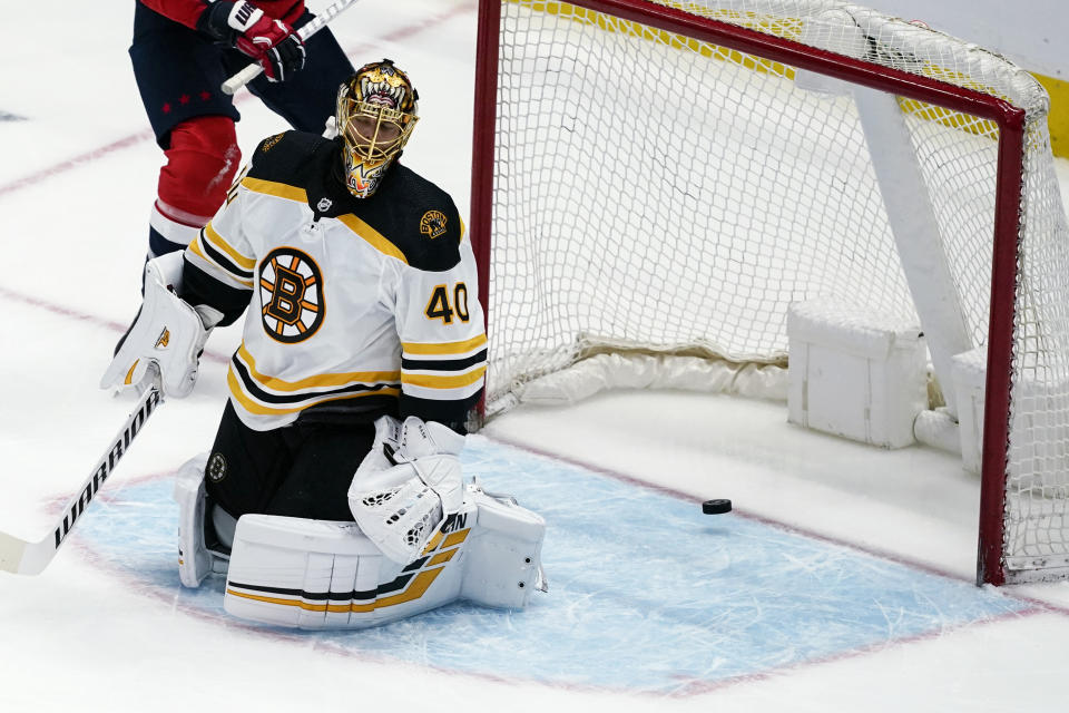 Boston Bruins goaltender Tuukka Rask (40) reacts after a goal by Washington Capitals defenseman Brenden Dillon during the second period of Game 1 of an NHL hockey Stanley Cup first-round playoff series Saturday, May 15, 2021, in Washington. (AP Photo/Alex Brandon)