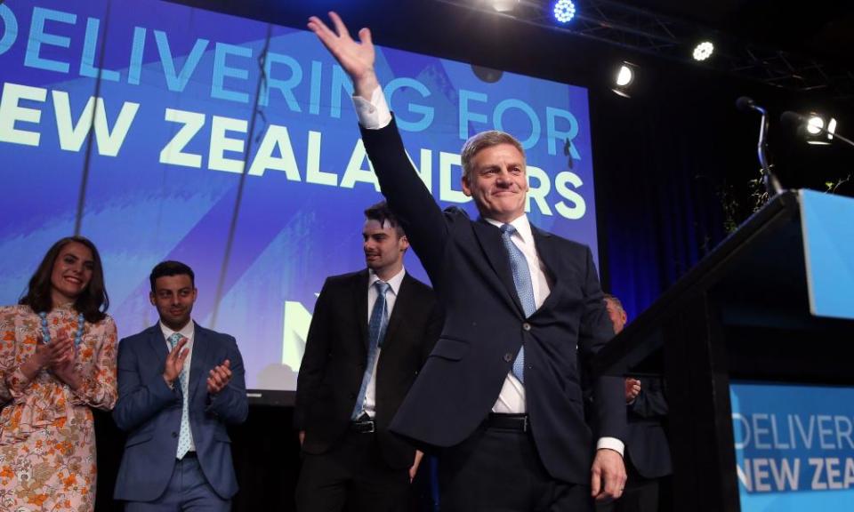 English waves to supporters at National’s election event in Auckland.