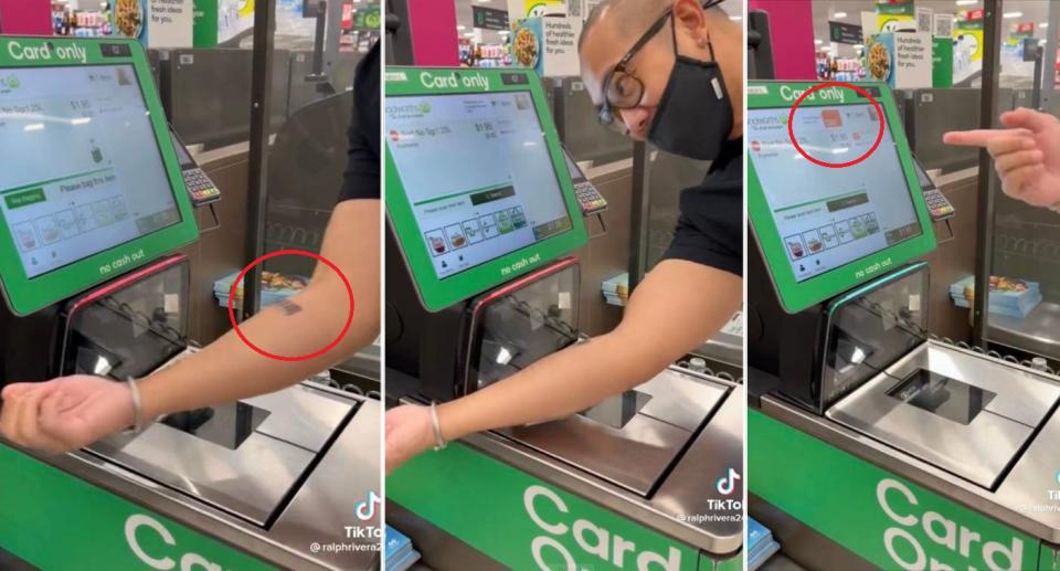 Man scanning barcode tattoo at Woolworths self-serve checkout