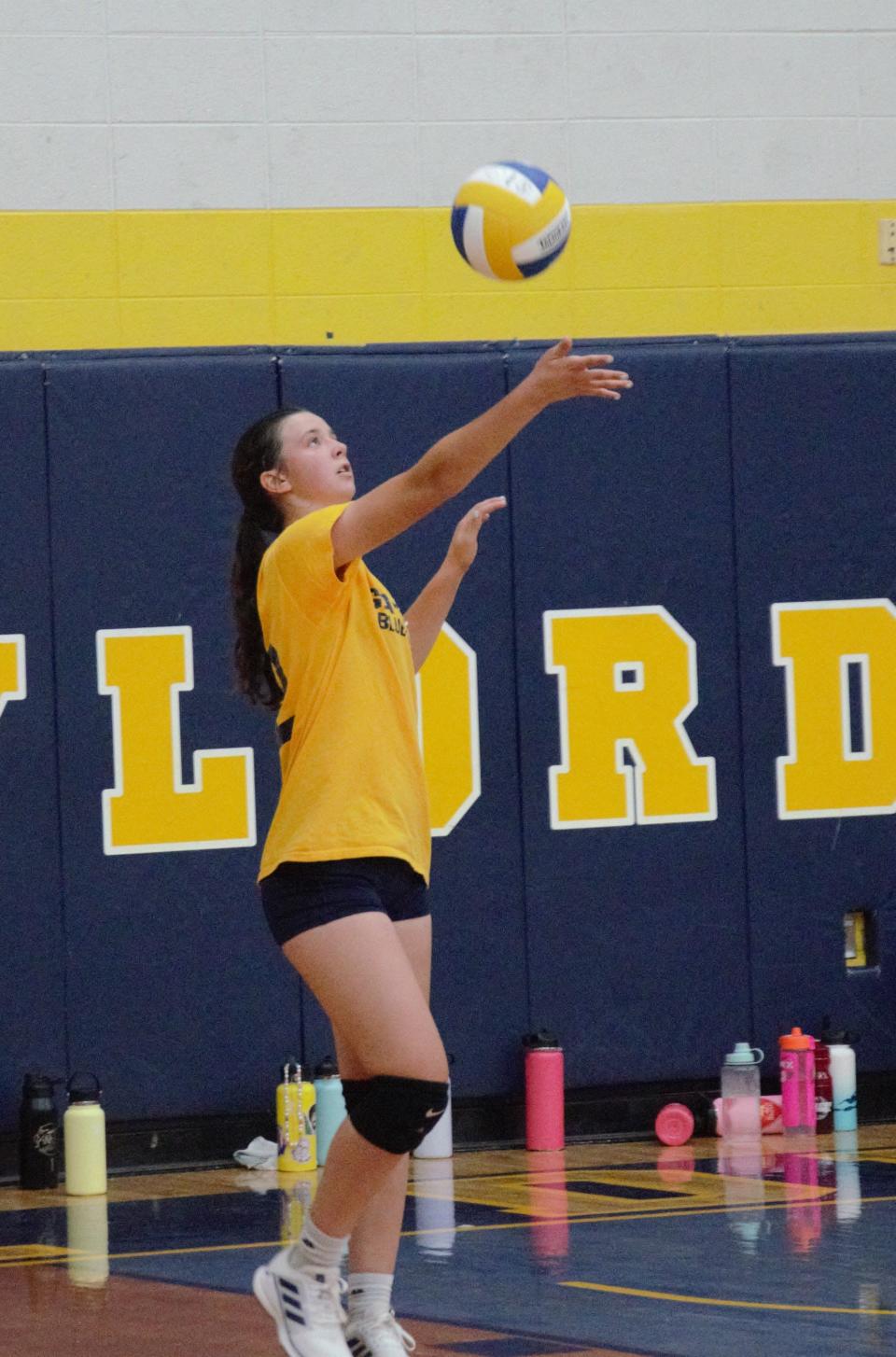 Gaylord's Kennedy Wangler serves during tryouts on Tuesday, August 8.