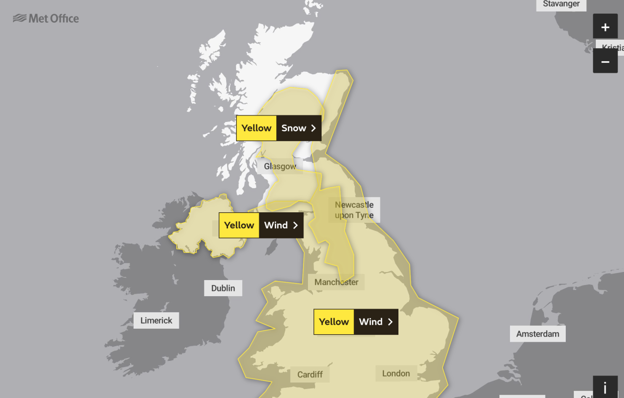 Weather warnings for wind and snow are in place across the UK for Tuesday, with the arrival of Storm Barra. (Met Office)