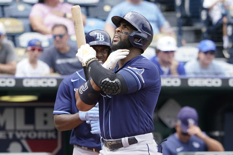 Tampa Bay Rays' Yandy Diaz celebrates after his home run in the third inning against the Kansas City Royals during a baseball game Sunday, July 24, 2022, in Kansas City, Mo. (AP Photo/Ed Zurga)