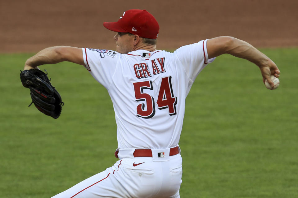 Cincinnati Reds' Sonny Gray (54) throws in the fourth inning of a baseball game against the Detroit Tigers at Great American Ballpark in Cincinnati, Friday, July 24, 2020. (AP Photo/Aaron Doster)