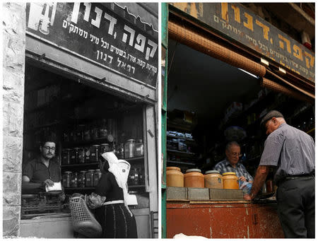 A combination picture shows an Arab woman shopping at a stall selling freshly ground spices at a market in Jerusalem, in this Government Press Office handout photo, taken July 1, 1967 (top) and a man buying freshly ground spices from the same stall May 16, 2017. REUTERS/Ilan Bruner/Government Press Office/Handout via Reuters (top)/Ronen Zvulun