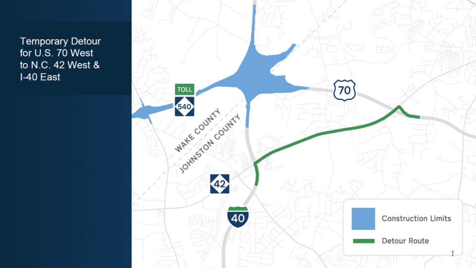 The N.C. Department of Transportation is closing the ramp from westbound U.S. 70 to eastbound Interstate 40 in Johnston County, starting July 6, 2022. For the next 14 months, while a new ramp is built, drivers wishing to take that route will be directed on a detour using N.C. 42.
