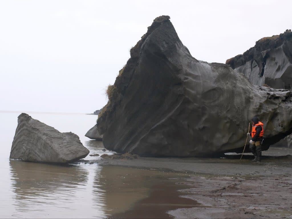 Scientist investigating coastal erosion caused by thawing permafrost near Bykovsky peninsula, Laptev Sea, Siberia, Russia (AWI/Paul Overduin)