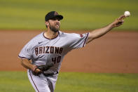 Arizona Diamondbacks starting pitcher Madison Bumgarner (40) throws during the first inning of a baseball game against the Miami Marlins, Thursday, May 6, 2021, in Miami. (AP Photo/Lynne Sladky)